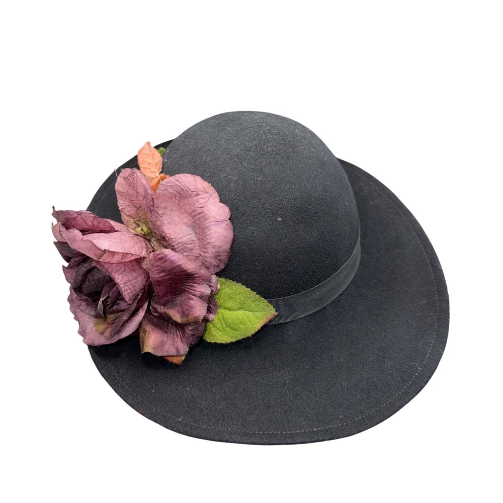 Lancaster Vintage 100% Wool Black Cloche Hat‎ Purple Rose Floral Wide Brim USA